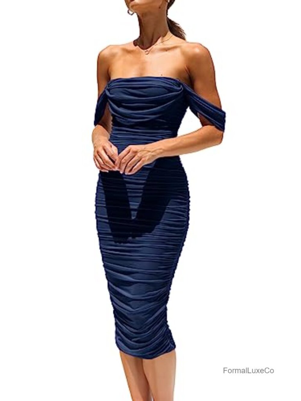 Off Shoulder Bodycon Midi Dress Ruched Mesh Cocktail Party